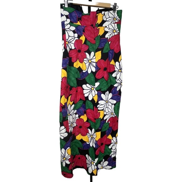 Leslie Fay Strapless Floral Maxi Dress 14 Vintage 80s Bold Mod Floral High Slit - Picture 5 of 7